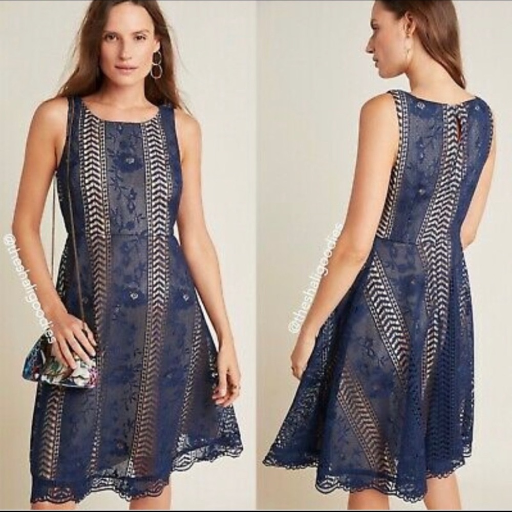 NEW ANTHROPOLOGIE Navy Blue Georgia Lace Mini Dress, Size 6